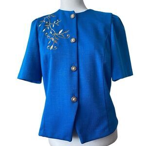 Vintage Pablo Collection Blue Short Sleeve Jacket Pearl Gold Embroidered